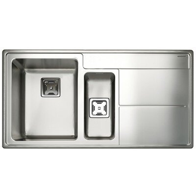 Polished stainless steel inset sink featuring a 1.5 bowl design with square drain covers and a sleek, modern layout suitable for contemporary kitchens.