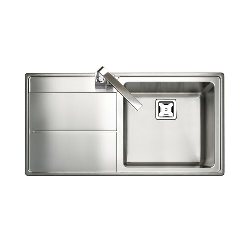 Polished stainless steel inset sink featuring a single bowl, sleek design, and a contemporary faucet, with a smooth surface and integrated draining area.