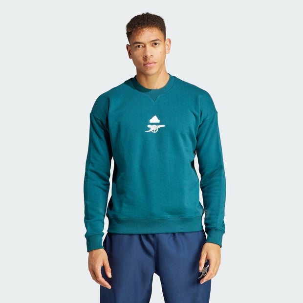 Teal Adidas Arsenal Lifestyler sweatshirt for men, featuring a crew neck, long sleeves, and a white Arsenal logo graphic on the chest.