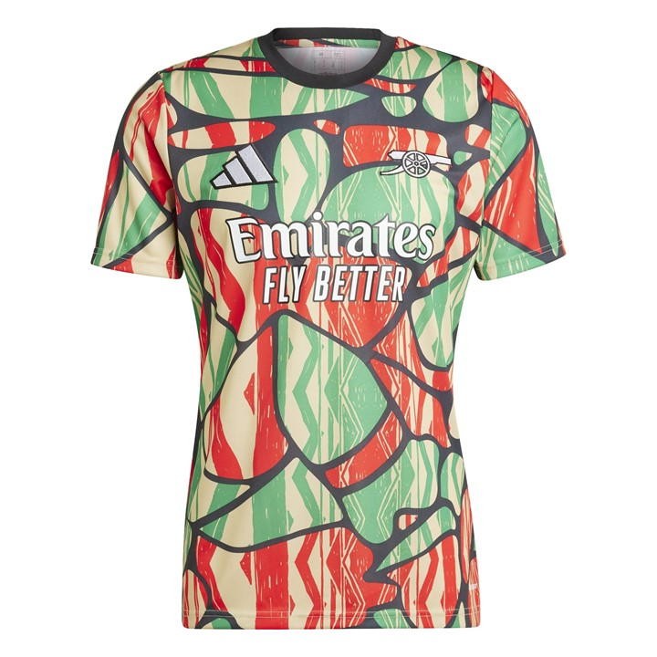 Short-sleeved Arsenal jersey featuring a vibrant abstract design in red, green, and beige, with "Emirates Fly Better" logo prominently displayed on the front.