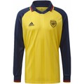 Yellow long-sleeve top with navy blue sleeves, featuring a collar, Arsenal logo on the chest, and Adidas branding, made from lightweight fabric.