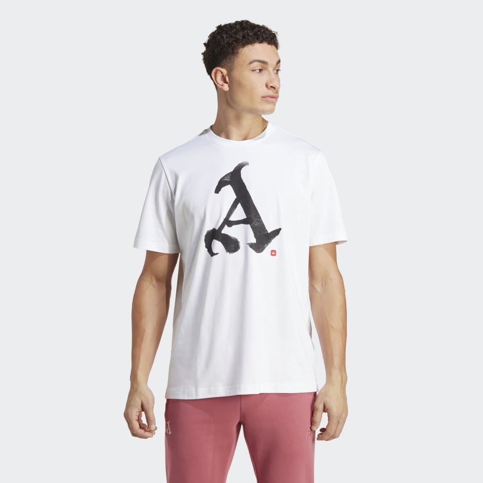 White cotton t-shirt featuring a large black stylized "A" logo on the front, designed for men, size 2XL, with a relaxed fit and short sleeves.