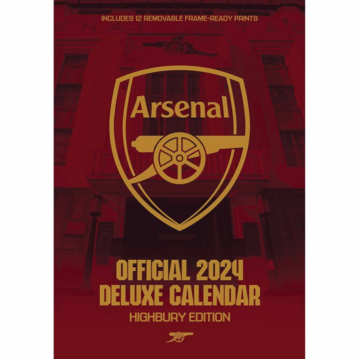 Arsenal FC 2024 Collector's Edition A3 Calendar features a gold logo on a red background, with "Official 2024 Deluxe Calendar" text and includes 12 removable frame-ready prints.