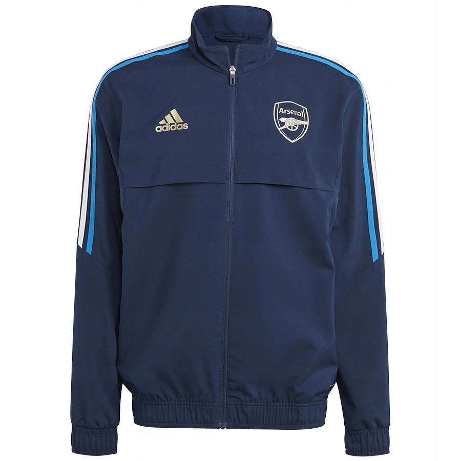 Navy blue Adidas Arsenal jacket featuring a high collar, gold logo, and white and light blue stripes on the sleeves, made from a lightweight material.