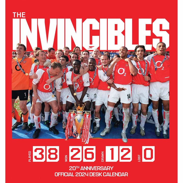 Arsenal FC 2024 desk calendar features a vibrant red background with "The Invincibles" text, showcasing a celebratory team photo holding a trophy, highlighting their undefeated season.