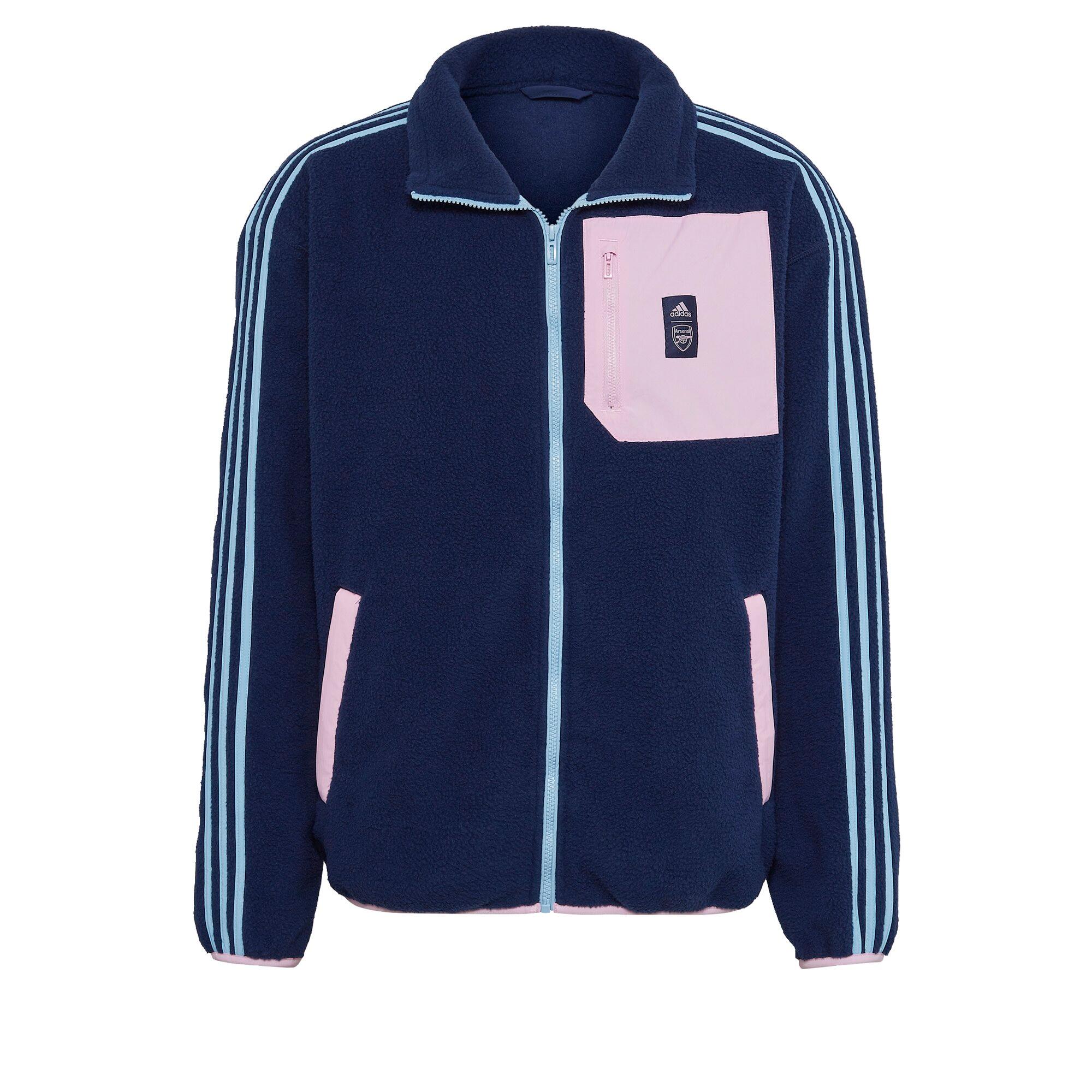 Navy fleece jacket featuring a pink chest pocket, blue stripes along the sleeves, and a zip-up front, designed by Arsenal for a stylish, casual look.