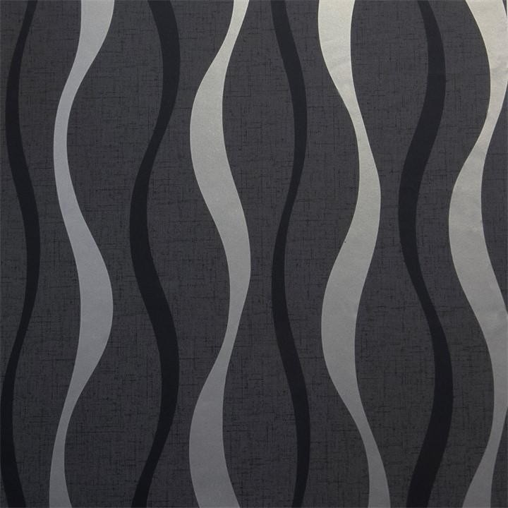 Black and silver wallpaper featuring wavy ribbon patterns on a textured dark background, creating a modern and elegant design.
