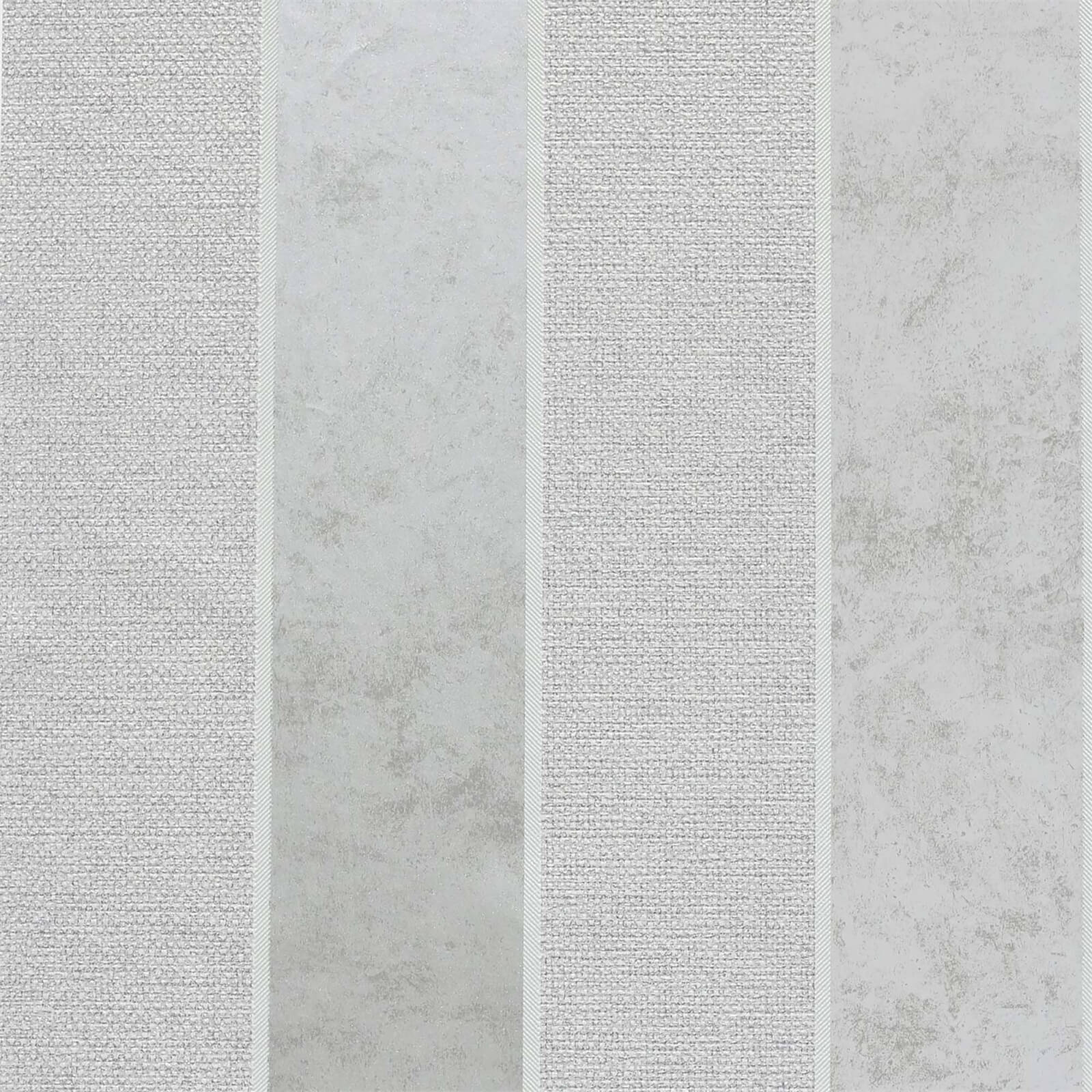 Calico Stripe wallpaper features alternating textured stripes in soft grey and off-white tones, creating a subtle, sophisticated pattern suitable for various interiors.