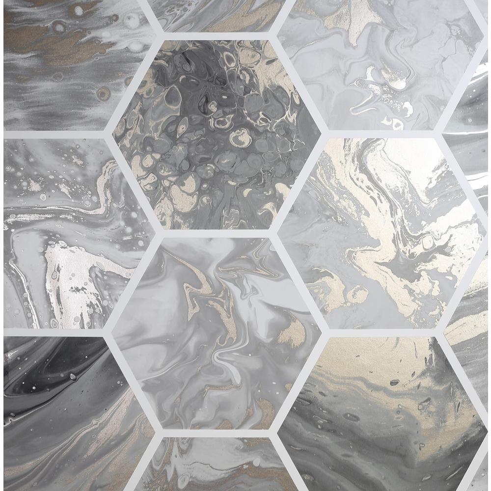 Charcoal hexagon tiles wallpaper featuring a marbled design in shades of grey, black, and metallic gold accents, creating a modern and elegant aesthetic.