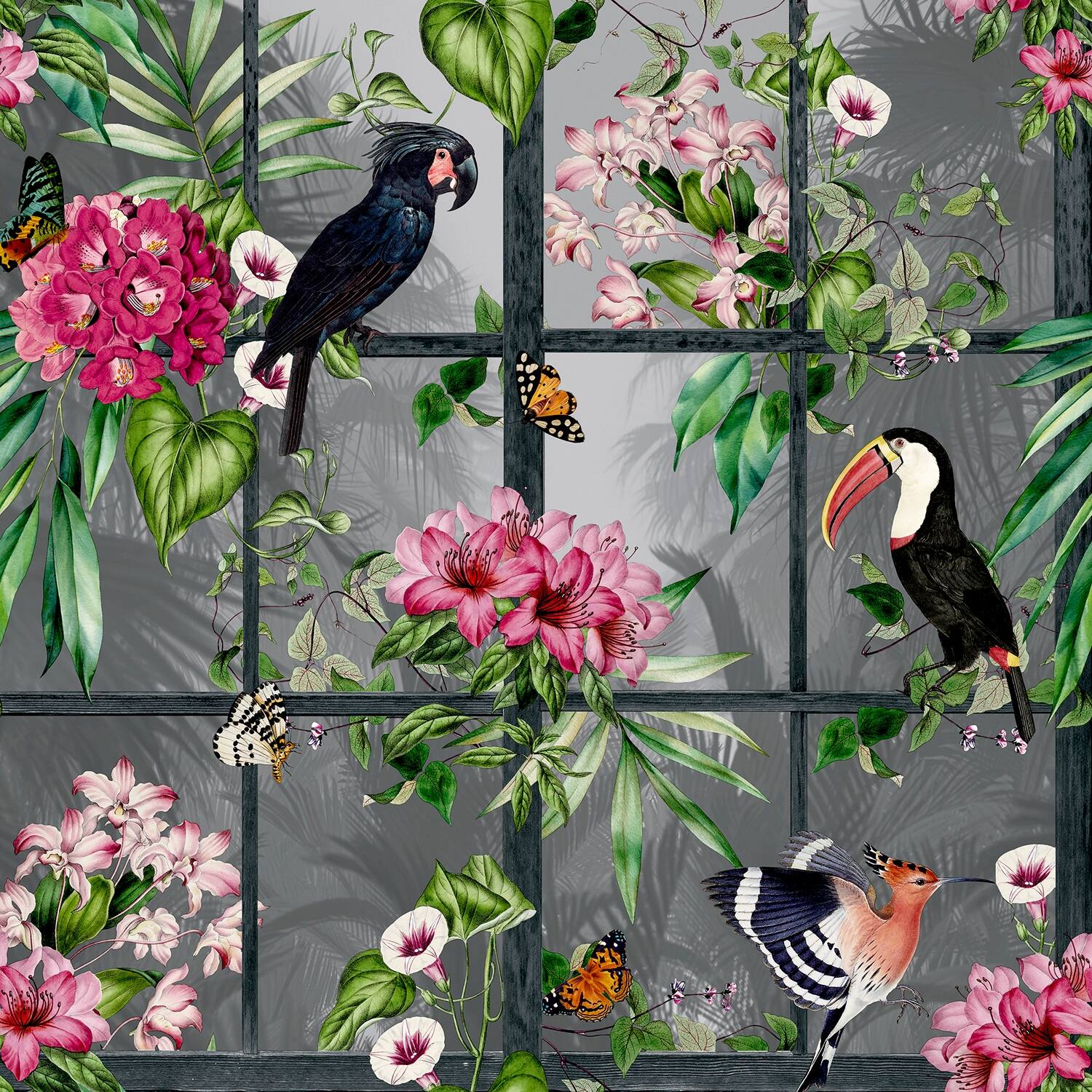 Multicolor tropical birds and vibrant flowers adorn the Arthouse Dorothea wallpaper, featuring lush greens, pinks, and a gray background with a window frame design.