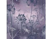 Purple floral wallpaper featuring delicate damselflies and intricate flower silhouettes against a soft, textured background, creating a whimsical and serene atmosphere.