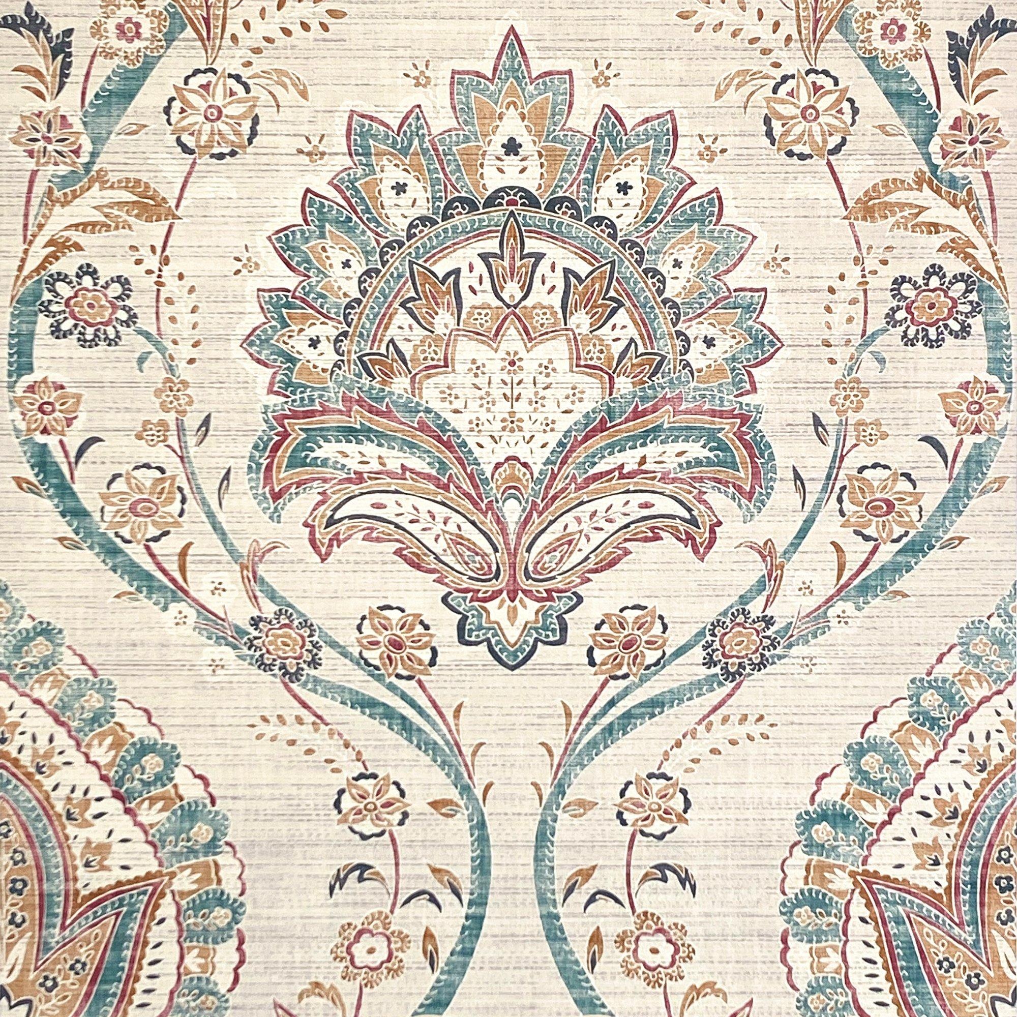 Multicolor floral damask wallpaper featuring intricate paisley and floral patterns in shades of blue, pink, and gold on a light cream background.