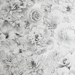 Silver grey floral wallpaper featuring intricate white botanical designs with various flower types, creating a textured, elegant look.