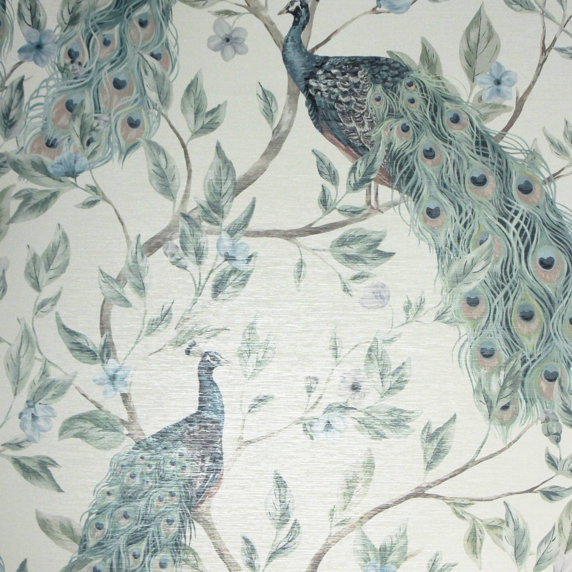 Blue and green peacock motifs with detailed feather patterns on a soft, textured background, complemented by delicate floral accents in light hues.