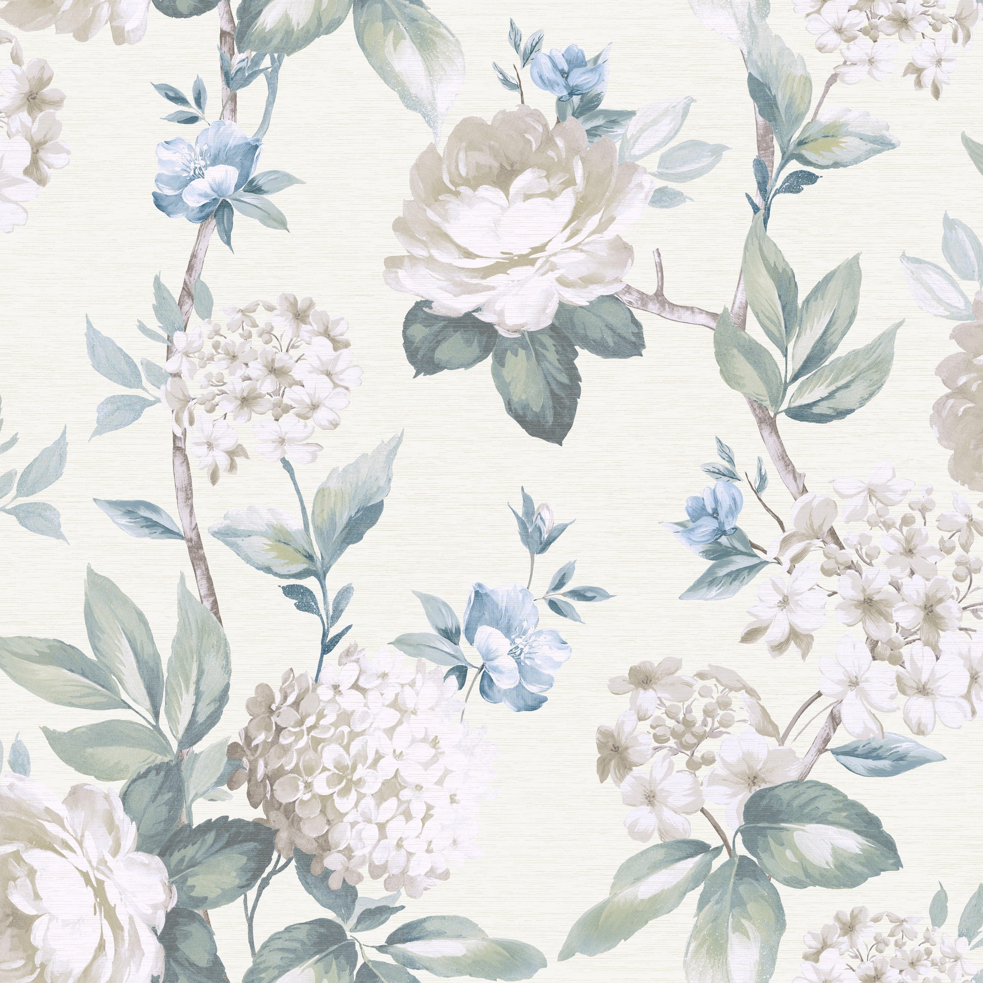 Light green floral wallpaper featuring large peonies, delicate blue flowers, and soft greenery on a textured cream background, creating an elegant and serene design.