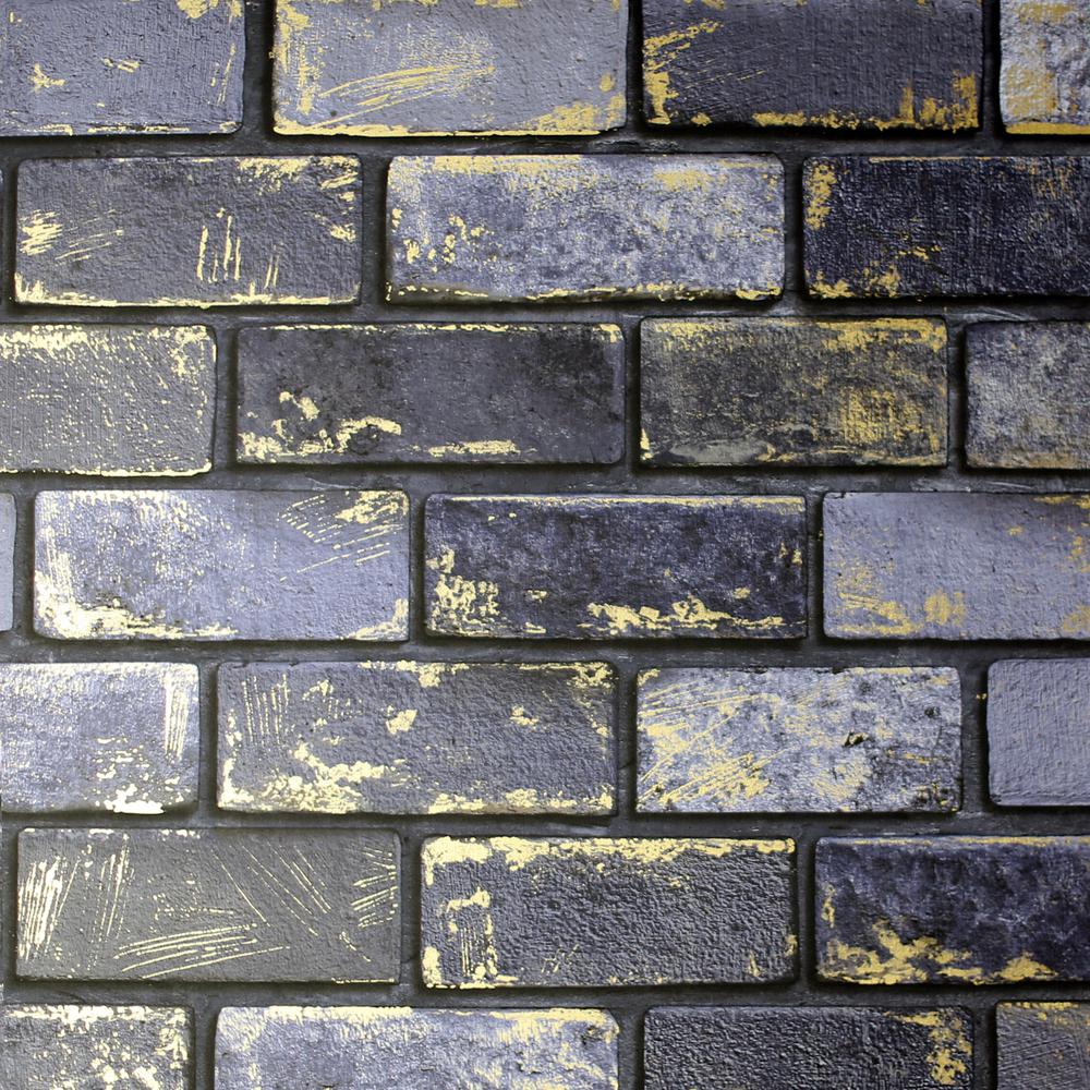 Navy metallic brick wallpaper with a textured finish, featuring gold accents and a distressed look, ideal for adding a contemporary touch to interiors.