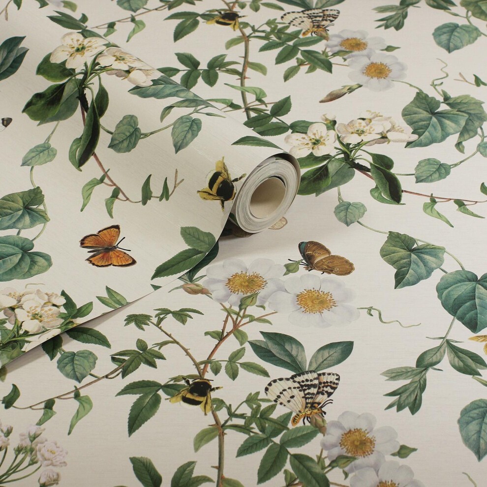Bumblebee Trail wallpaper featuring a floral design with butterflies and bees on a light beige background, rolled up with green leaves and white flowers.