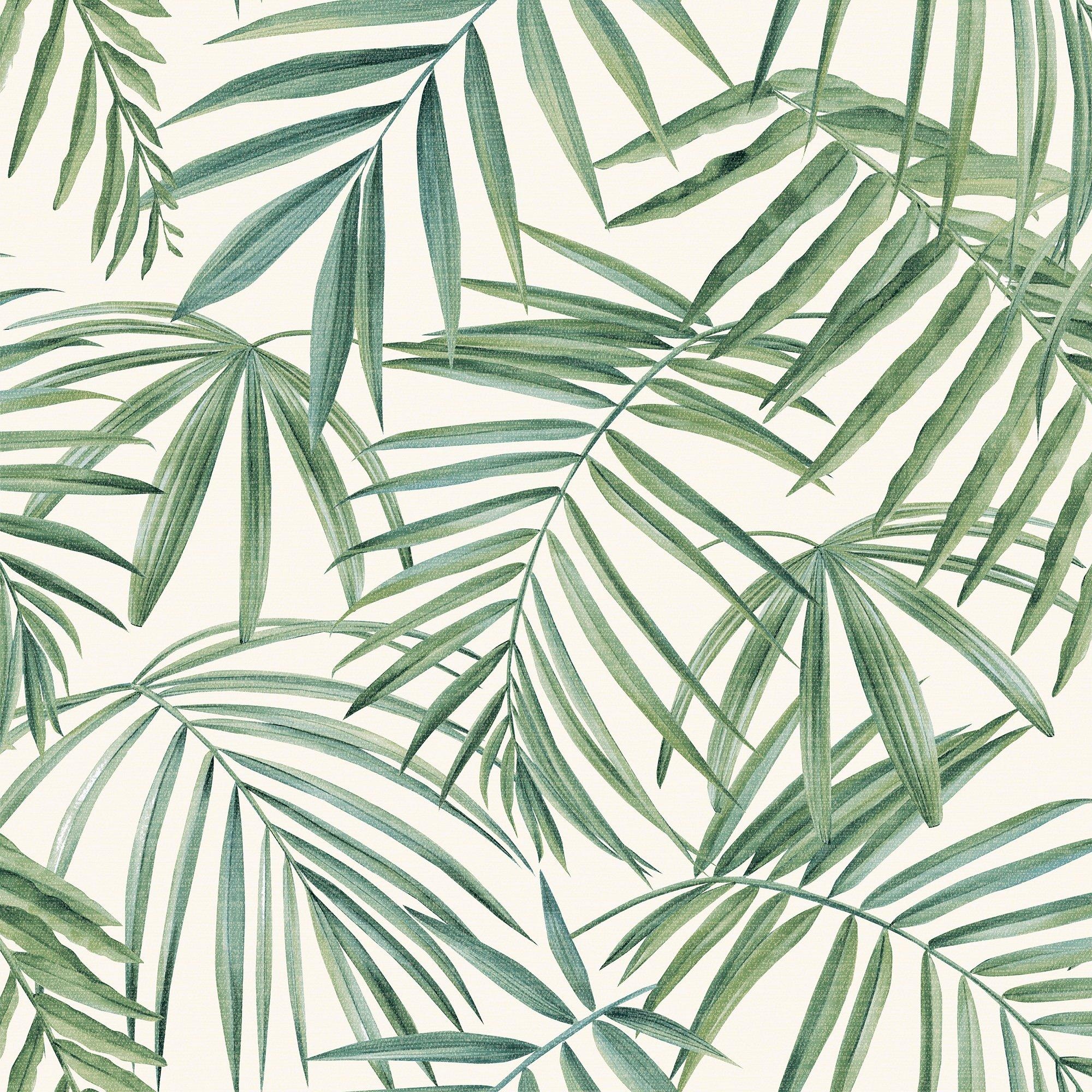 Green palm leaves in varying shades on a light cream background, featuring detailed illustrations of the leaves' textures and shapes, ideal for a tropical-themed decor.