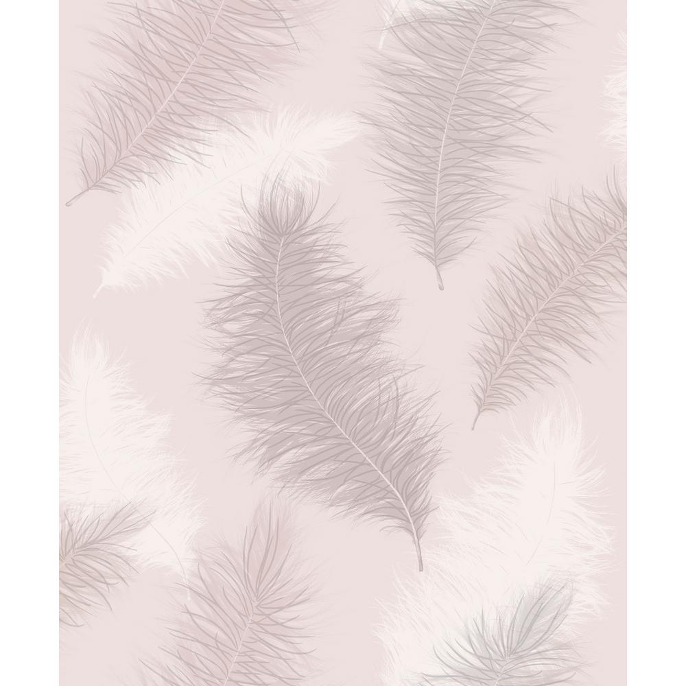 Blush pink wallpaper featuring delicate, soft feather designs in varying shades of white and light gray, creating a serene and elegant aesthetic.