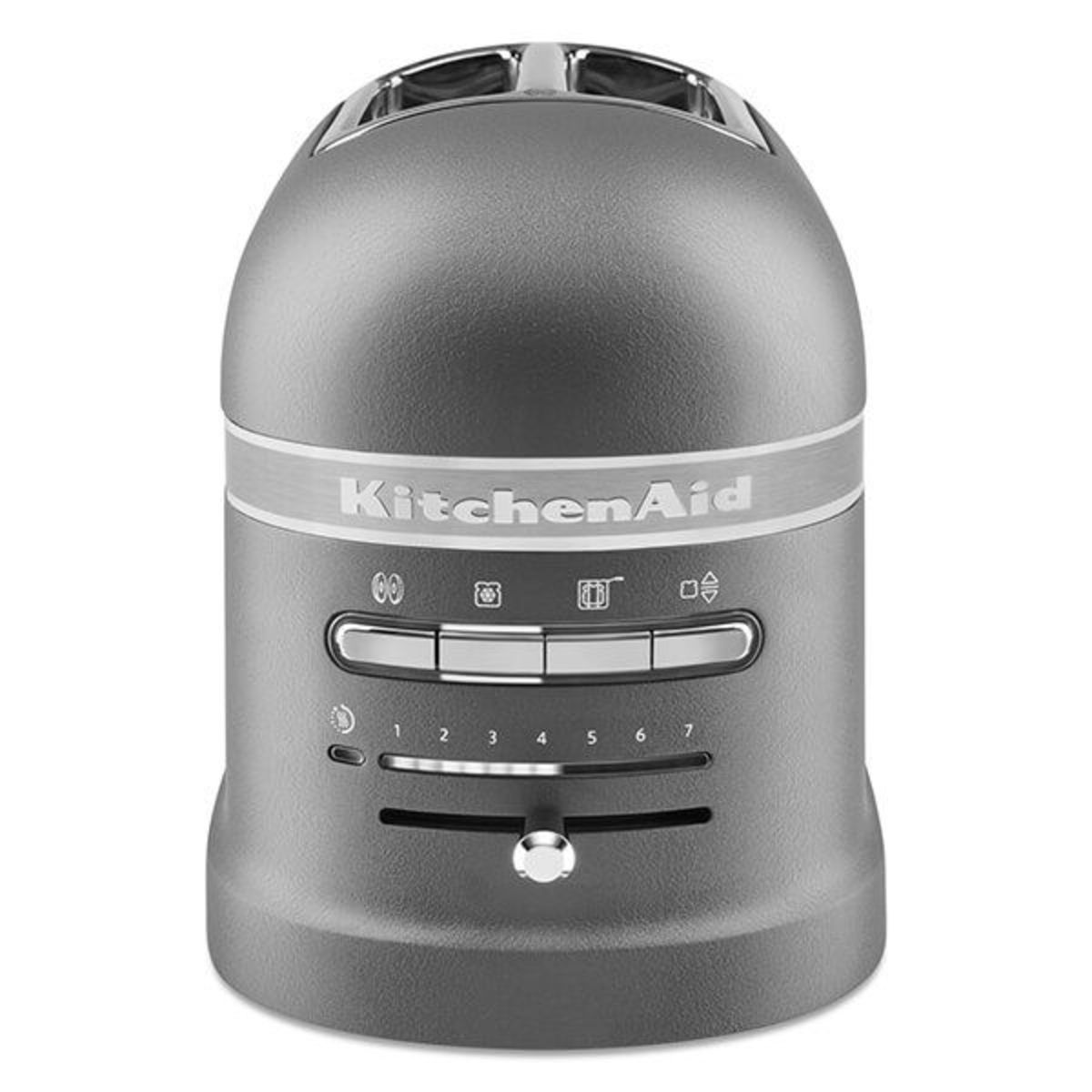 Artisan 2 Slice Toaster in Imperial Grey features a sleek, rounded design with a stainless steel finish, control knobs, and a lever for easy toast removal.