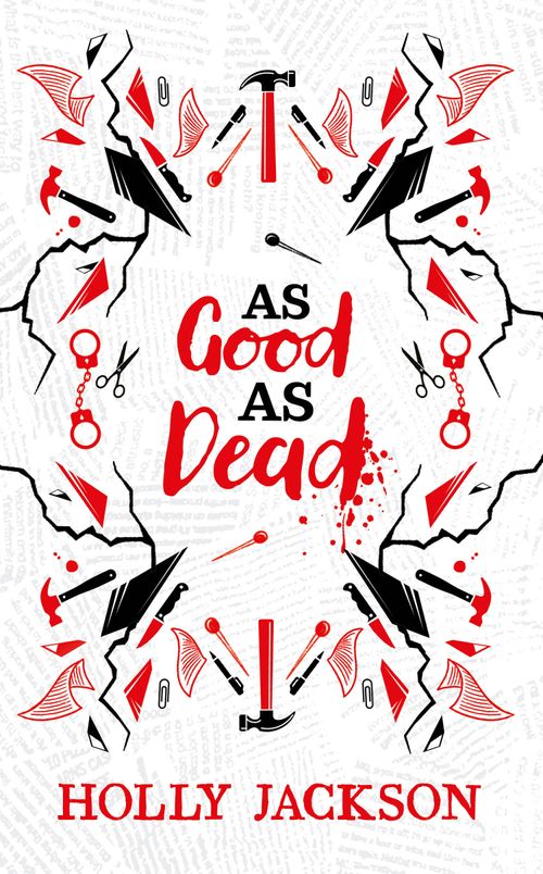 A striking white book cover featuring bold black and red illustrations of tools and scissors, with the title "As Good as Dead" prominently displayed in red.