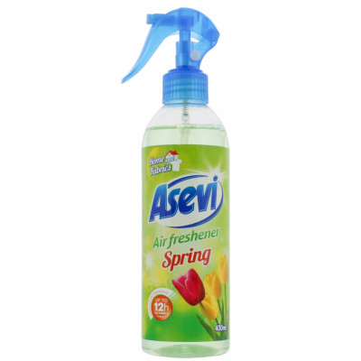 Clear plastic spray bottle with a blue trigger top, labeled "Asevi Air Freshener Spring," featuring colorful tulip graphics and a green background, containing 400ml of liquid.