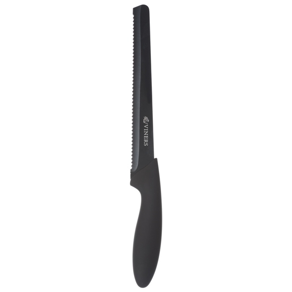 Black 8-inch bread knife with a serrated blade and a comfortable, ergonomic black handle, featuring the Viners logo etched on the blade.