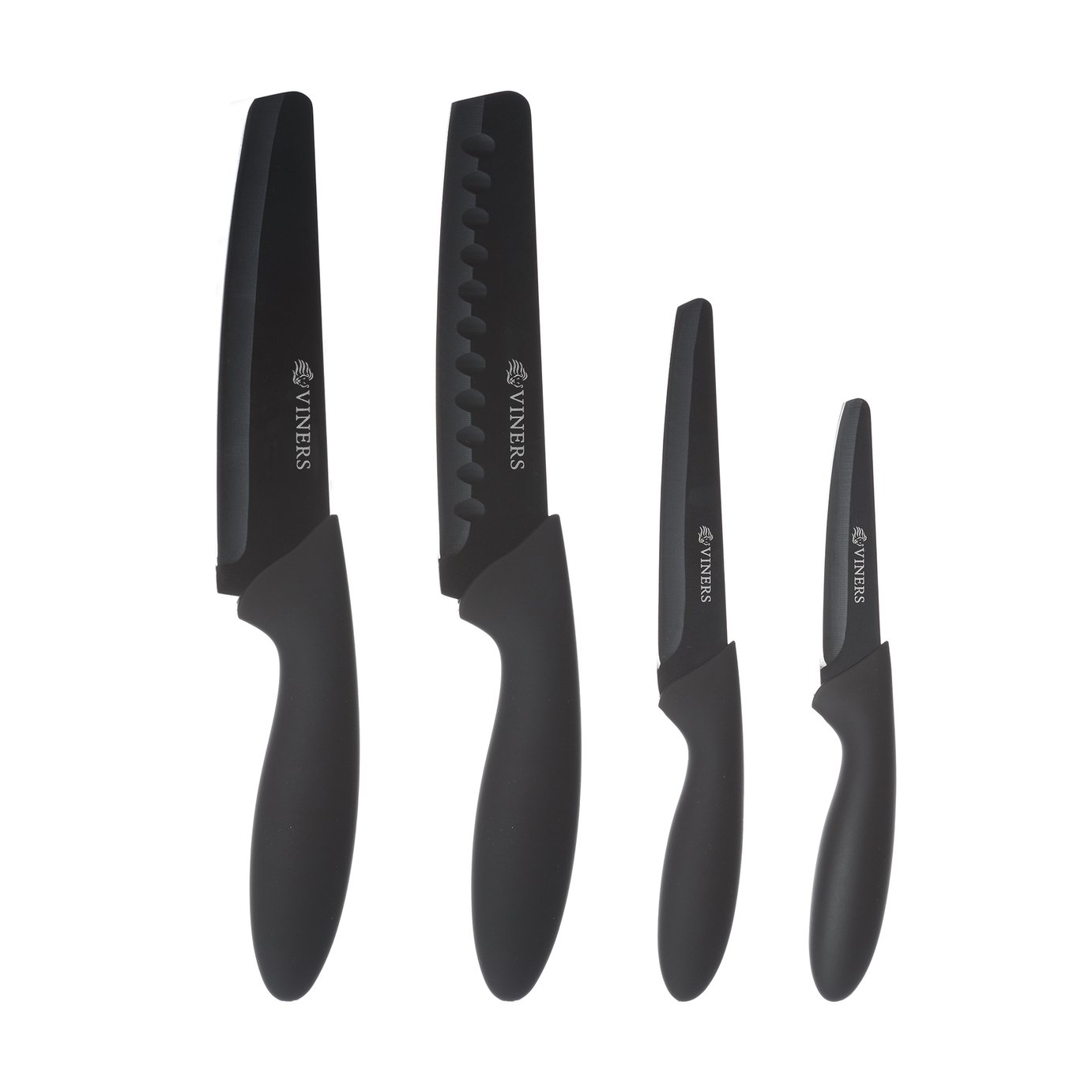 Four-piece knife set by Viners featuring sleek black stainless steel blades with ergonomic black handles, including a chef's knife, serrated knife, paring knife, and utility knife.