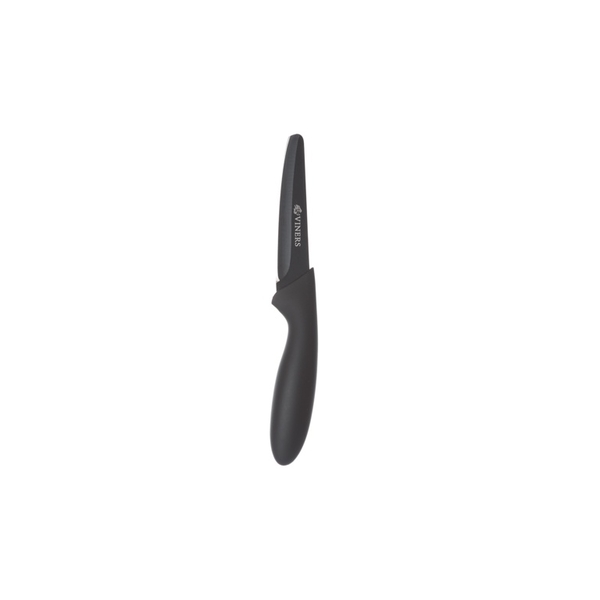 A 3.5-inch paring knife with a sleek black handle and a stainless steel blade, featuring a comfortable grip and a minimalist design, branded with "Viners."