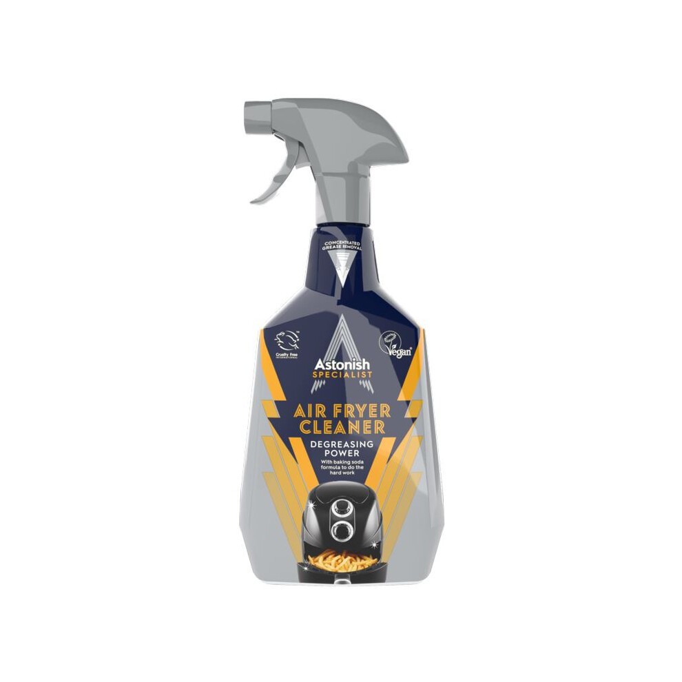 Astonish Specialist Air Fryer Cleaner in a 750ml spray bottle, featuring a gray trigger, blue and gold label with "Degreasing Power" text and a graphic of an air fryer.