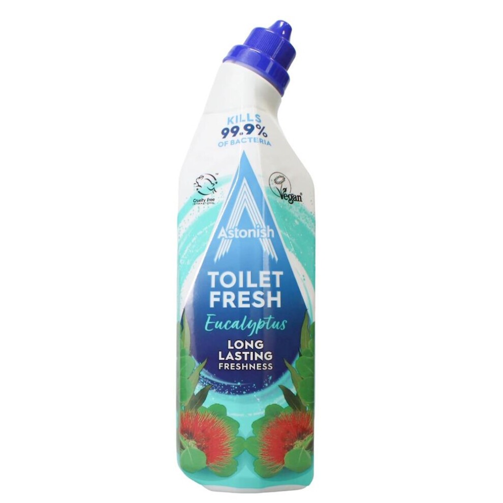 White plastic bottle with a blue cap, featuring a label that reads "Astonish Toilet Fresh Eucalyptus" and images of eucalyptus leaves, emphasizing freshness and antibacterial properties.