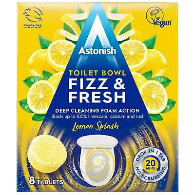 Bright yellow box featuring Astonish Foaming Lemon Splash cleaner, with images of lemons, labeled "Fizz & Fresh," containing 8 foaming tablets for limescale and rust removal.