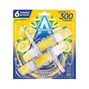 Bright yellow toilet rim blocks in a twinpack, featuring lemon scent, packaged with vibrant lemon graphics and the Astonish logo, promising up to 300 flushes.