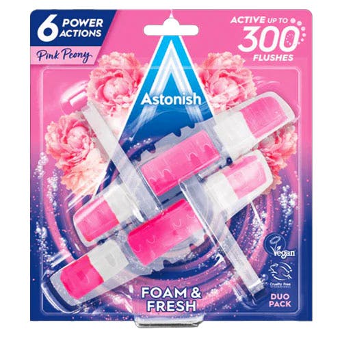 Astonish Foam & Fresh Toilet Blocks Duo Pack features two pink peony-scented blocks in vibrant pink packaging, designed for deep cleaning with six power actions.