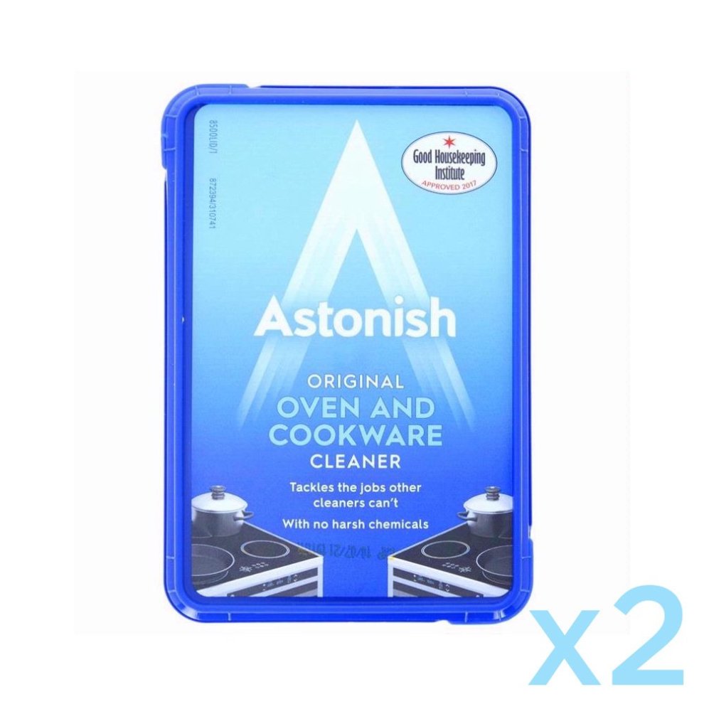 A blue rectangular container of Astonish Oven & Cookware Cleaner Paste, 150g, featuring a white logo and an illustration of stovetops, with a Good Housekeeping seal.