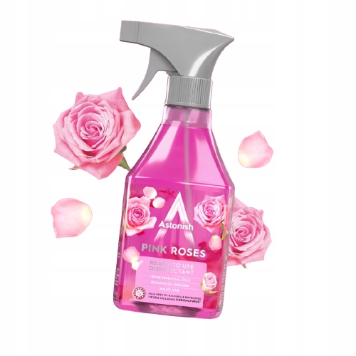 Astonish RTU Rose Disinfectant in a clear pink spray bottle with a gray trigger, featuring pink rose graphics and petals around it, 550ml size.