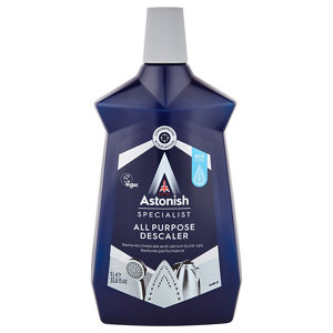 Dark blue plastic bottle with a star-shaped design, featuring a white label that reads "Astonish Specialist All Purpose Descaler" and a water droplet icon, 1L capacity.