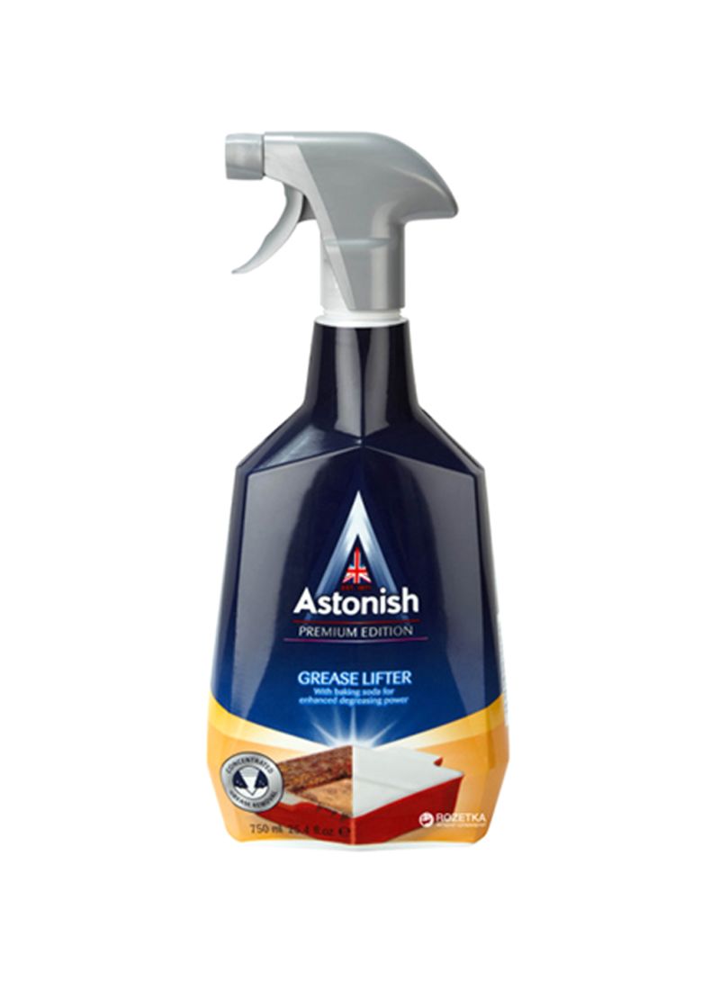 Astonish Specialist Extra Strength Grease Lifter spray bottle with a dark blue and orange design, featuring a grey trigger nozzle, labeled as vegan and cruelty-free for kitchen surfaces.