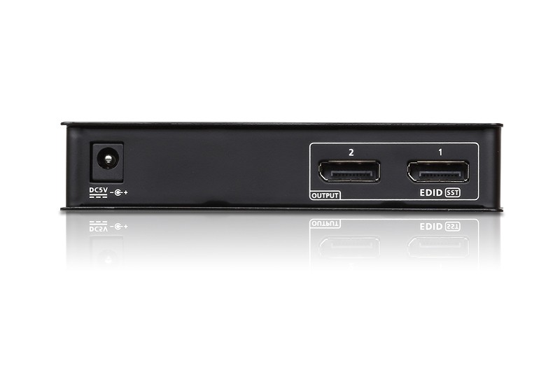 Black metal video splitter with two DisplayPort output ports labeled "1" and "2," an EDID switch, and a power input on one side.