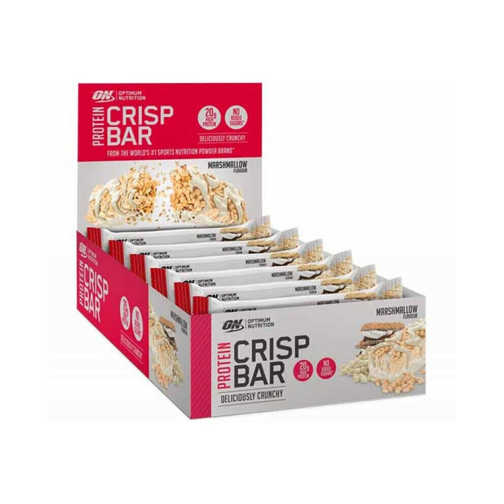 Optimum Nutrition Protein Crisp Bar in marshmallow flavor, featuring a red and white box with ten 65g bars, highlighting "20g protein" and "deliciously crunchy" on the packaging.
