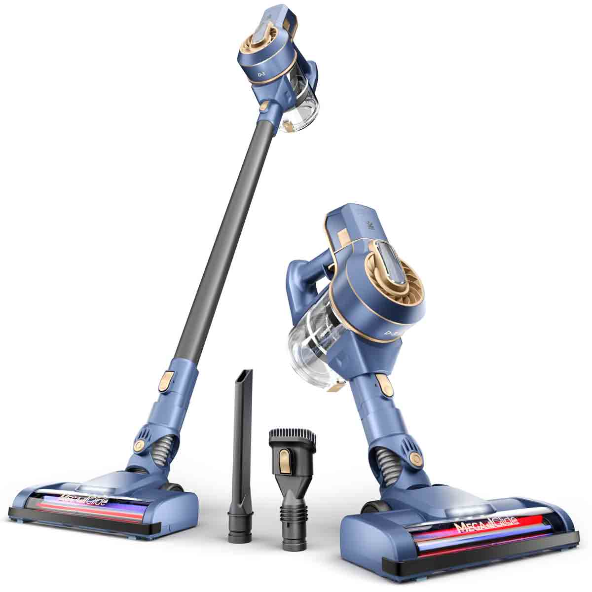 Avalla D-3 cordless vacuum cleaner in blue, featuring a handheld mode, adjustable suction, transparent dust container, and various attachments, including a crevice tool.