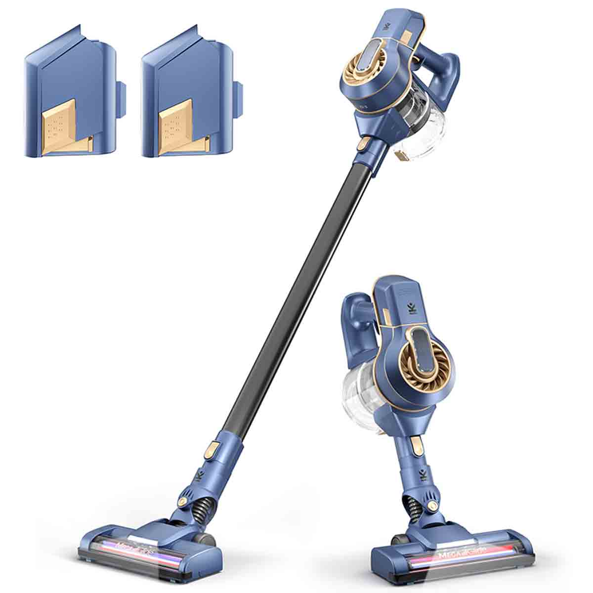 Cordless vacuum cleaner in navy blue with gold accents, featuring a detachable dust container, a sleek design, and an extra battery pack for extended cleaning power.