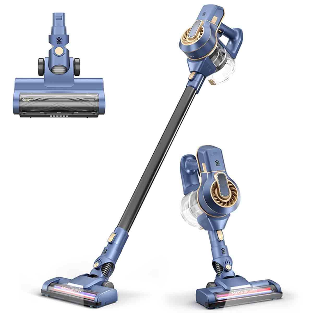 Avalla D-3 cordless vacuum cleaner in blue with a sleek design, featuring a transparent dust container and a Mega-Glide Zero-X attachment for efficient cleaning.