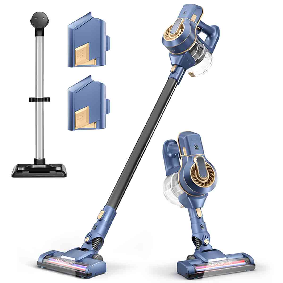 Avalla D-3 cordless vacuum cleaner in blue with gold accents, featuring a transparent dust container, a battery pack, and a sleek floor stand.