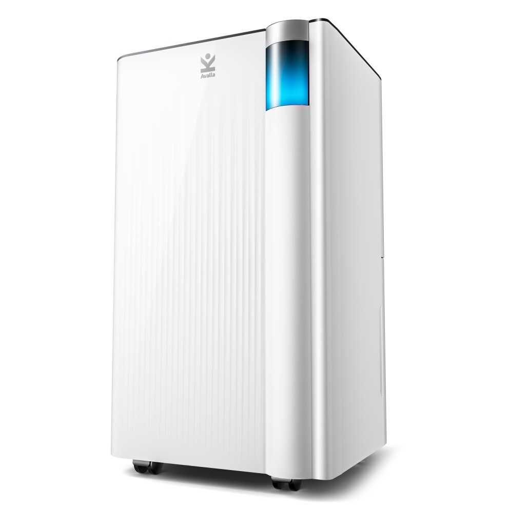 White Avalla 12L Smart Dehumidifier with a sleek design, featuring a blue LED indicator and textured front panel, designed for multi-room coverage and clothes drying.