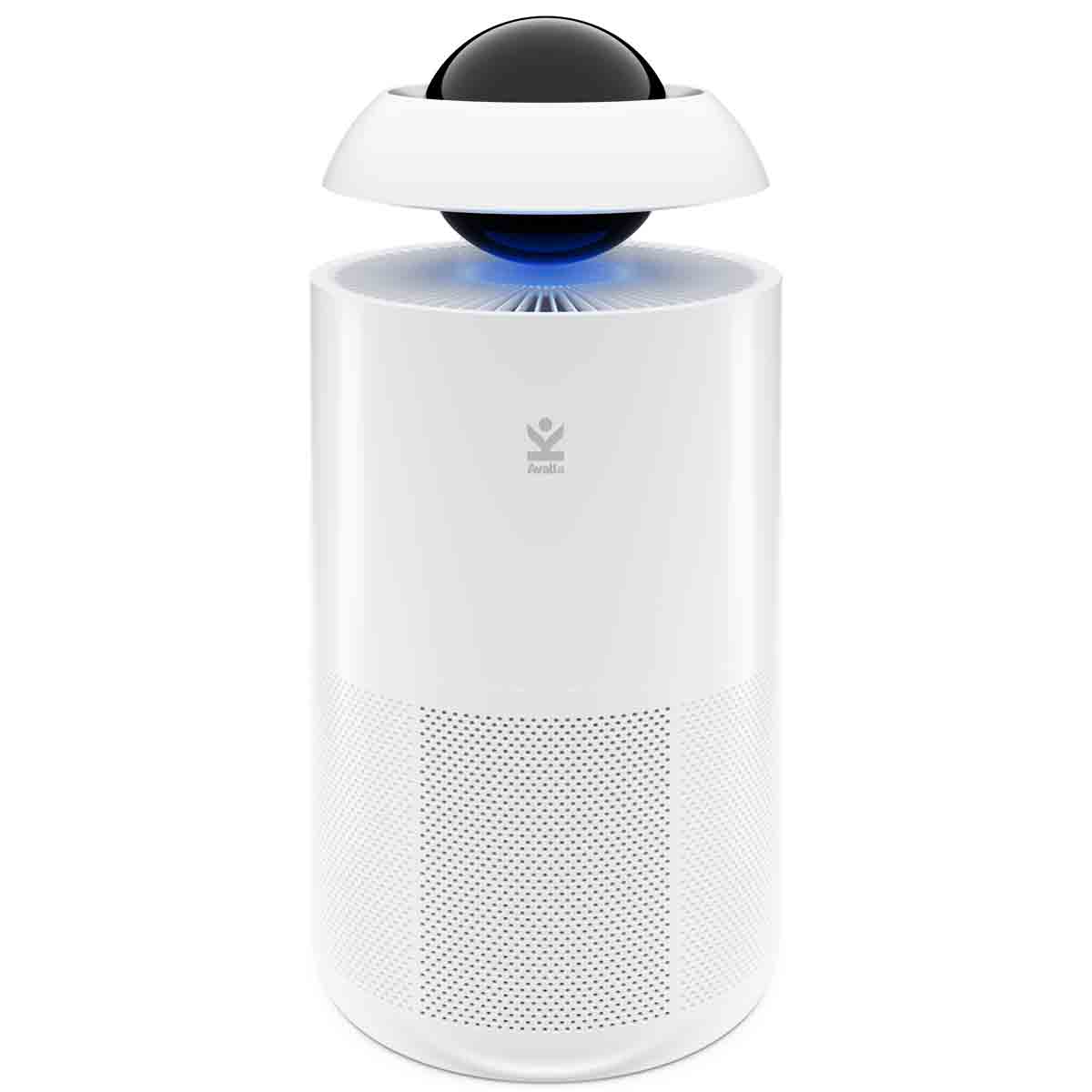 White cylindrical air purifier with a textured lower section, a blue light at the top, and a spherical black and white design element, featuring a True HEPA filter and four fan speeds.