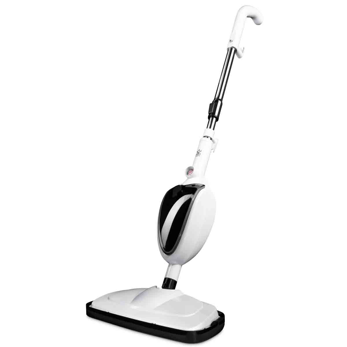 Avalla T-5 High Pressure Steam Mop in white and black, featuring a sleek design, adjustable handle, and a rectangular cleaning head for efficient floor cleaning.