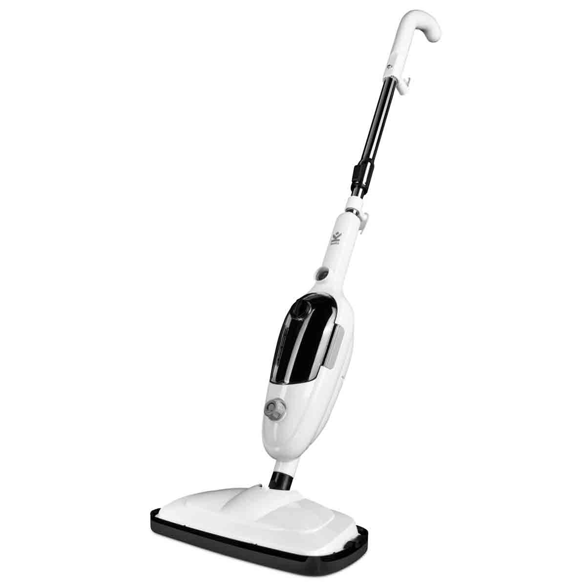 White and black Avalla T-9 high pressure steam mop with a sleek design, featuring a transparent water tank, adjustable handle, and a rectangular cleaning head.