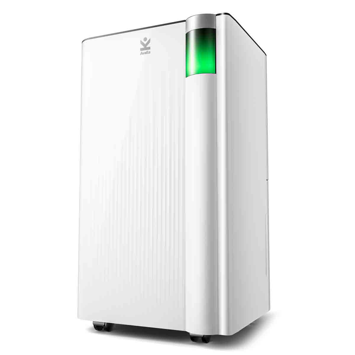 White Avalla 10L X-300 Smart Dehumidifier with a sleek design, featuring a green indicator light and textured front panel, designed for continuous drainage.