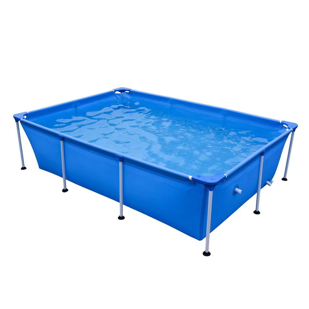 Rectangular above-ground swimming pool with a blue vinyl liner, steel frame, measuring 8.5 x 6 ft, featuring a water-filled interior and sturdy support legs.